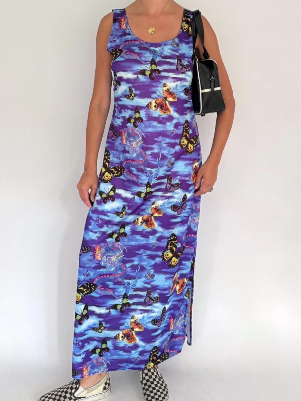 Y2K vintage blue butterfly dragon fantasy print crazy rave long maxi dress large